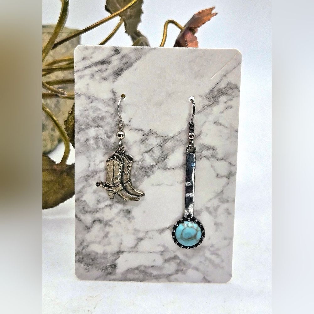 "5/$25" Mismatched Western Cowboy Boot Pewter Finish Turquoise Dangle Earrings